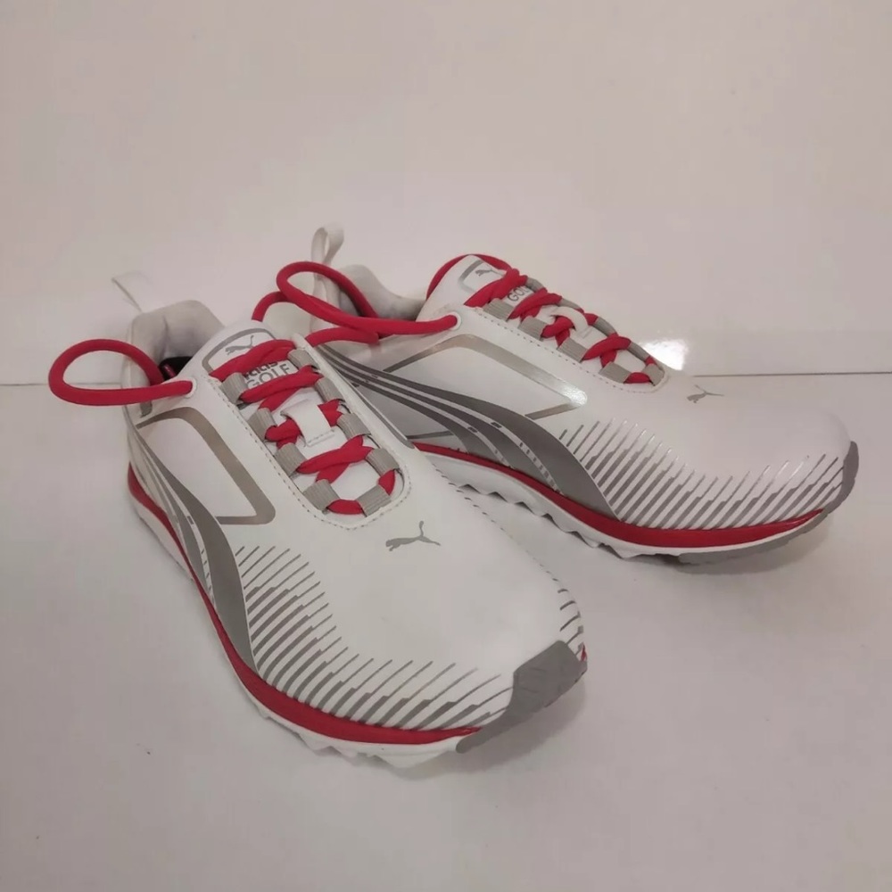 Puma White Silver and Red Lace-Up Athletic Sneakers